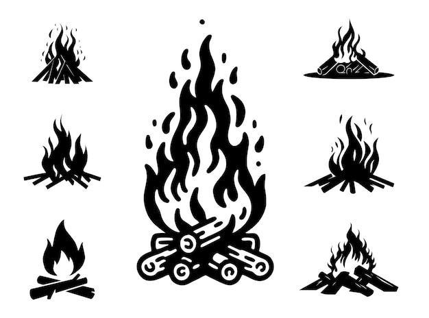 A set of silhouettes of bonfires in nature Burning bonfires