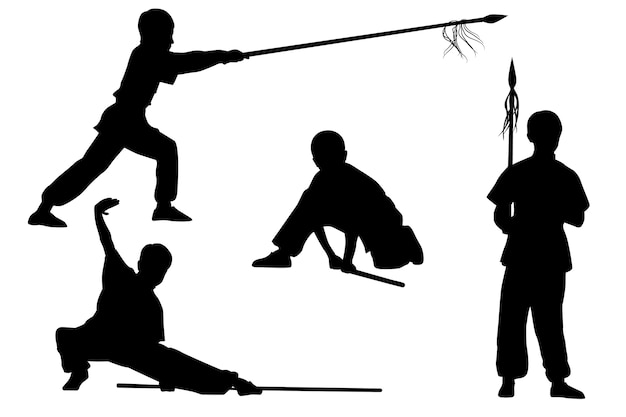 Set of silhouettes: ragazzo mostra wushu tao con un bastone e una lancia