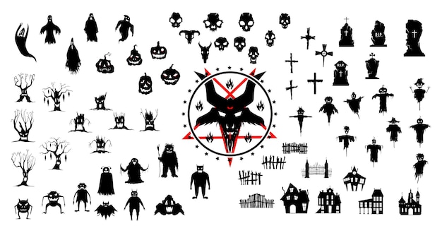 Set of silhouettes for the celebration of Halloween on a white background Collection of vector black and white icons Design elements for use in greeting cards