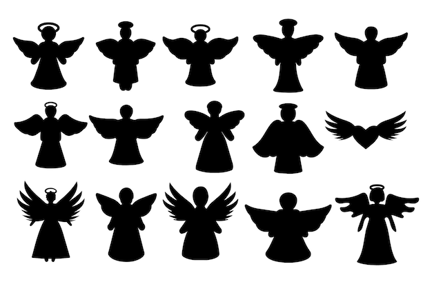 Set di silhouette di angeli di natale isolati su uno sfondo bianco illustrazione vettoriale