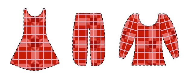 Set of silhouettes of clothing in red checkered dress jacket breeches