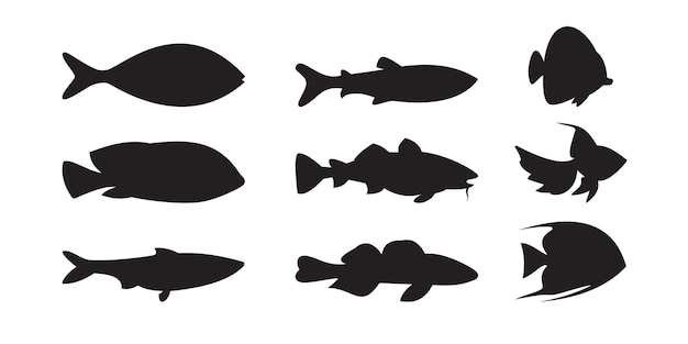 a set of silhouettes of different fish isolated on a white background