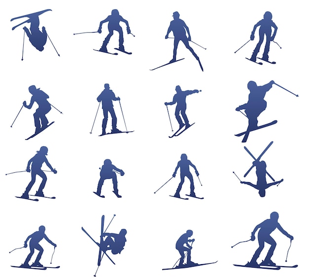 Set of silhouettes of different skiers