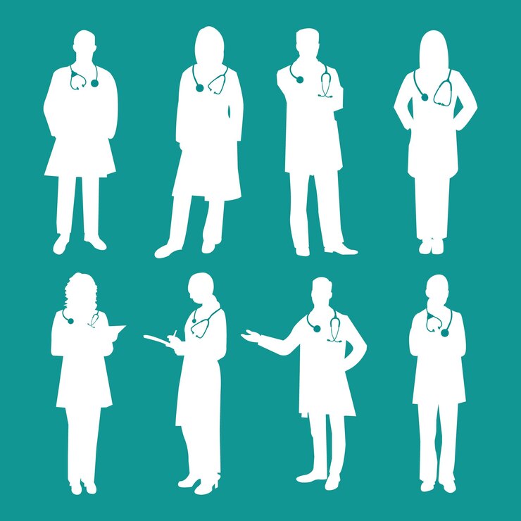 A set of silhouettes of doctors in white coats with a stethoscope on their backs.