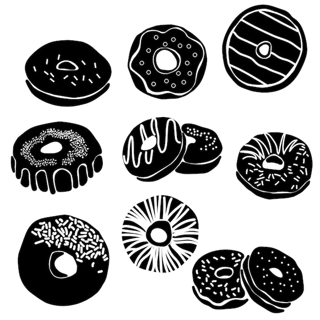 Vector set of silhouettes of donuts with sprinkles icing and chocolate icons or logo for a bakery shop in black color in a flat style