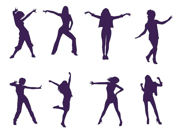 Set of silhouettes of eight dancing girls