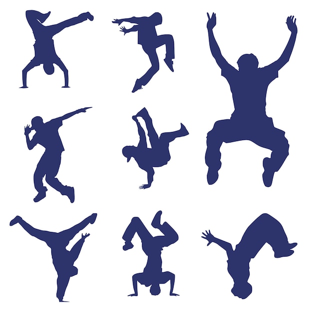 Vector set of silhouettes of eight dancing guys