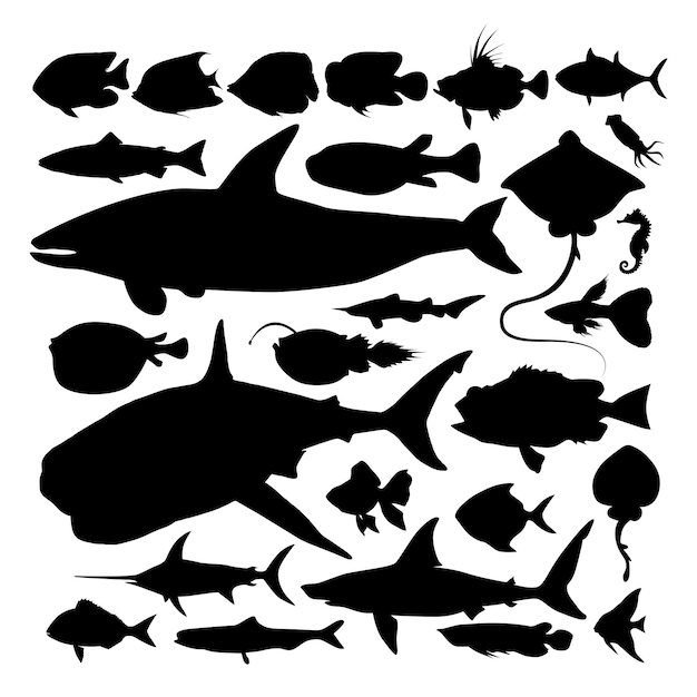 A set of silhouettes of fish and fish