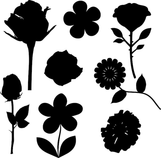 A set of silhouettes of flowers and leaves.