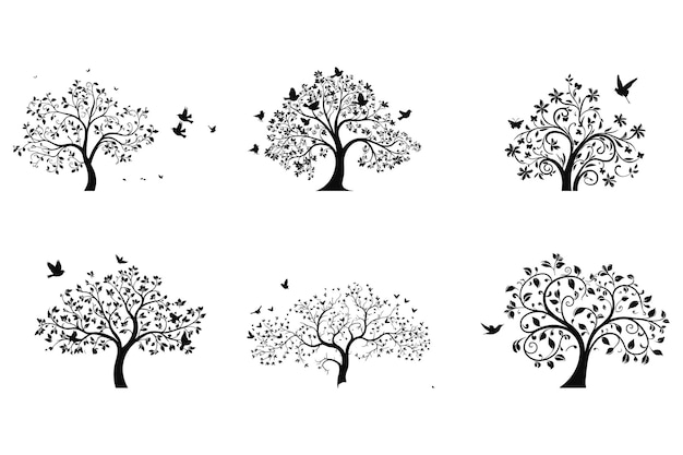 A set of silhouettes of a graceful tree blooming flowers with birds