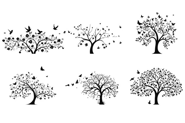 A set of silhouettes of a graceful tree blooming flowers with birds