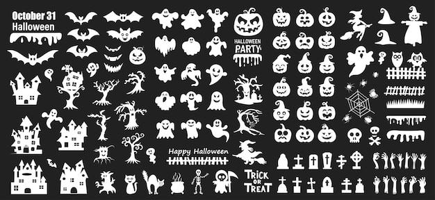 Set of silhouettes of Halloween on a black background Vector illustration