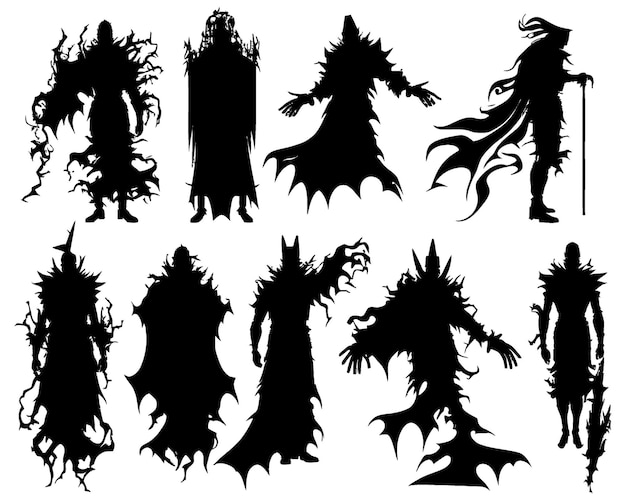 set of silhouettes of Halloween Ghosts and monsters with torn clothes