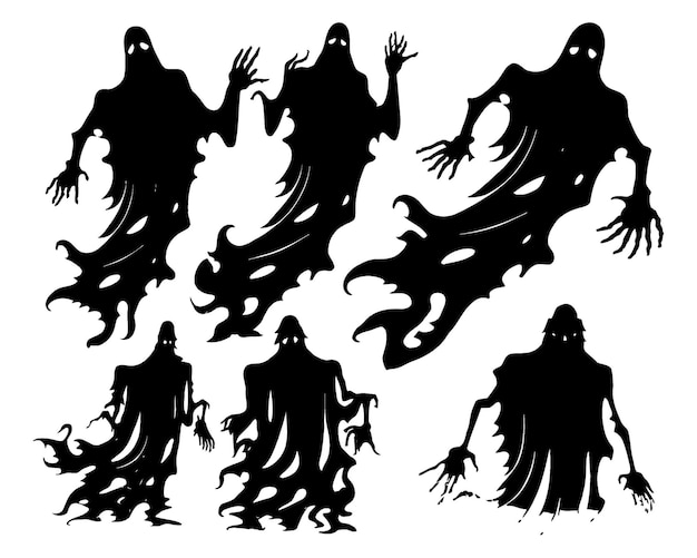 set of silhouettes of Halloween Ghosts and monsters with torn clothes