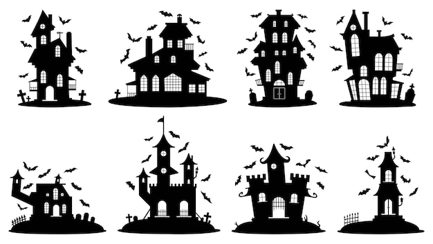 Набор силуэтов для Хэллоуина мрачный дом заборы могилы летучие мыши векторная иллюстрация