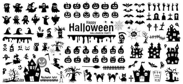 Set of silhouettes of Halloween on a white background Vector illustration