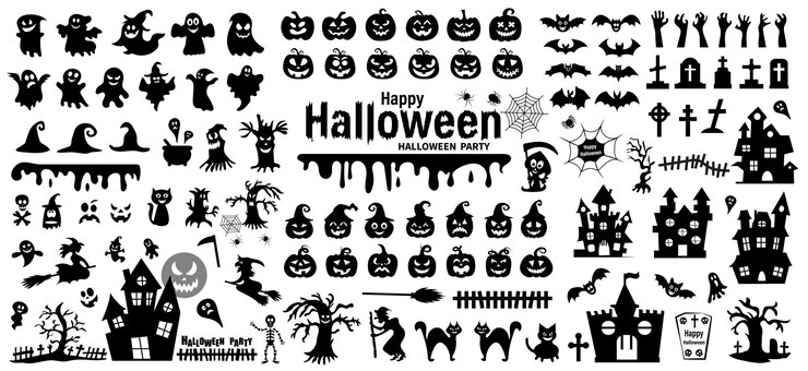 白い背景の上のハロウィーンのシルエットのセットベクトルイラスト