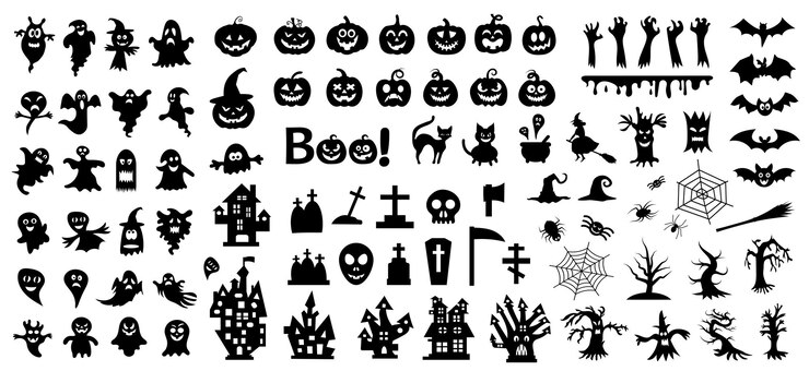 白い背景の上のハロウィーンのシルエットのセットベクトルイラスト
