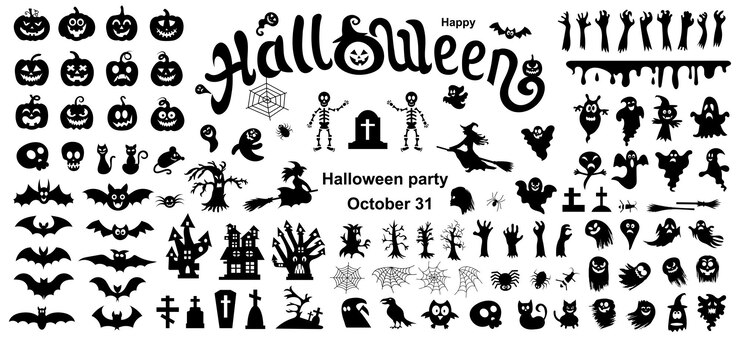 白い背景の上のハロウィーンのシルエットのセットベクトルイラスト
