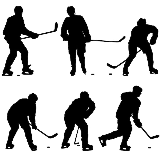 Набор силуэтов хоккеиста, изолированного на белом