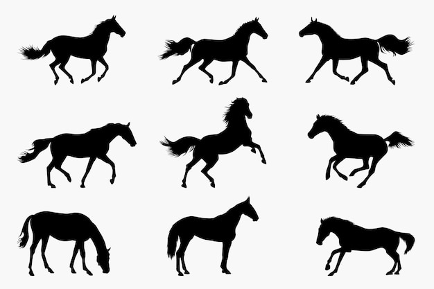 set of silhouettes of horse vector template