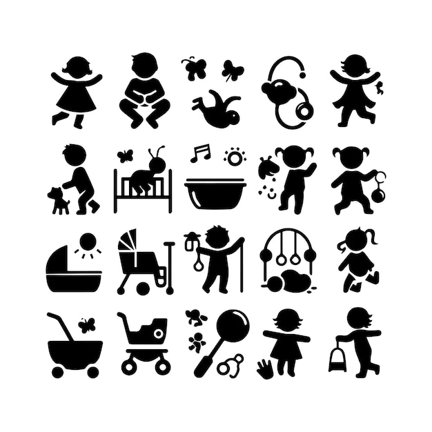Vector set of silhouettes kids baby children editable vector icon in various poses