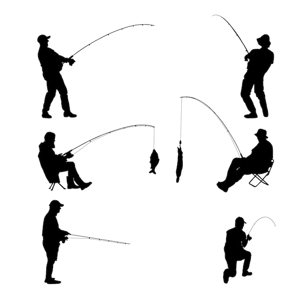 Set of silhouettes of a man fishing