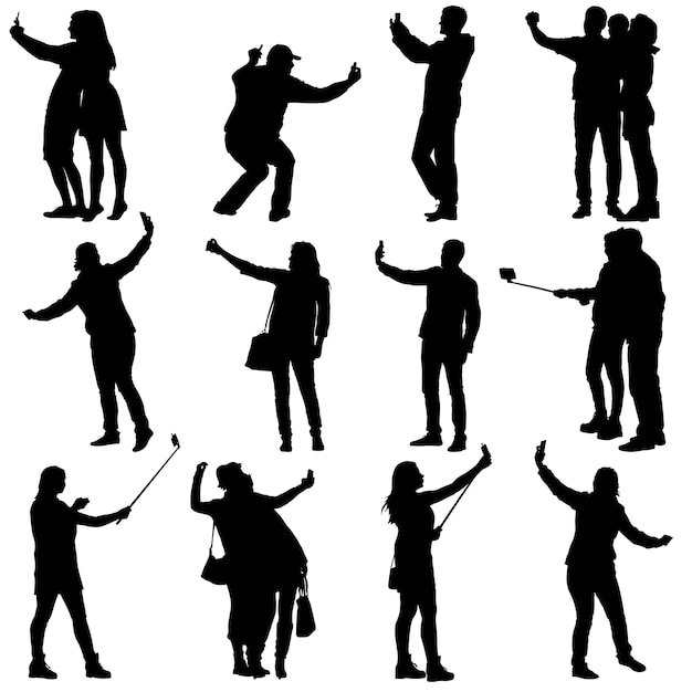 Vector set silhouettes man and woman taking selfie with smartphone on white background vector illustration