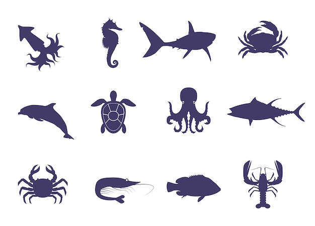 Vector set of silhouettes of marine inhabitants silhouette of shark octopus dolphin crab lobster