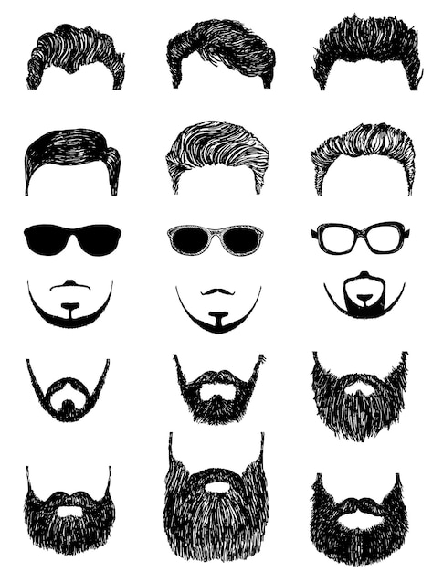 Set of silhouettes of men s beards hairstyles and glasses hand drawn hipster style and fashion set