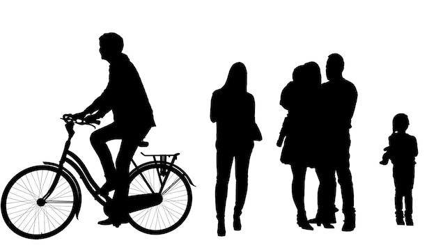 Set of silhouettes of men and a women a group of standing people isolated on background
