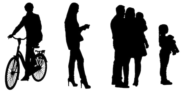 Set of silhouettes of men and a women a group of standing people isolated on background