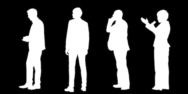 Set of silhouettes of men and a women a group of standing people isolated on background