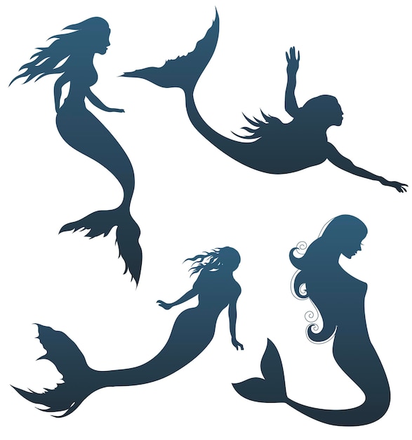 A set of silhouettes of mermaids