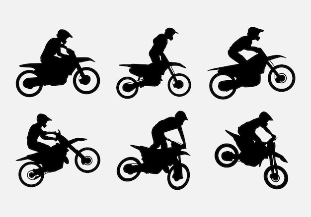 set of silhouettes of motocross racers side view graphic vector illustration