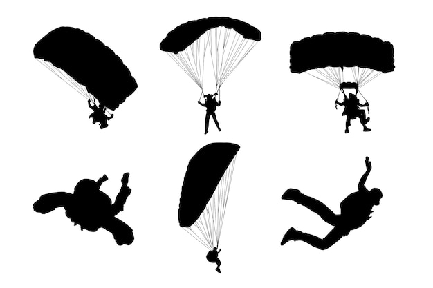 Set of silhouettes of paratroopers, parachutes vector design