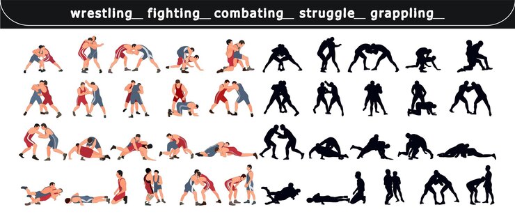 MMA 전투기 그레코 로마 레슬링 싸움 전투 격투 결투와 싸우는 실루엣 세트