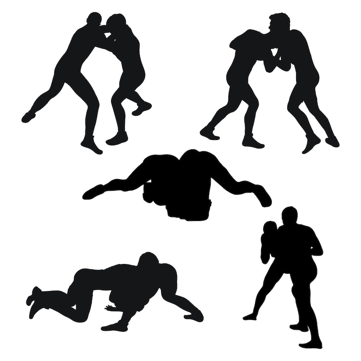 MMA 전투기 그레코 로마 레슬링 싸움 격투 결투와 싸우는 실루엣 세트