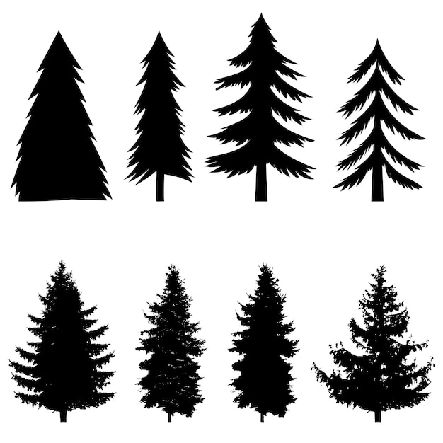 Set of silhouettes of pine tree isolated on white background Design element for poster banner card emblem Vector illustration