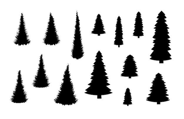 Set of silhouettes of pine trees and fir trees