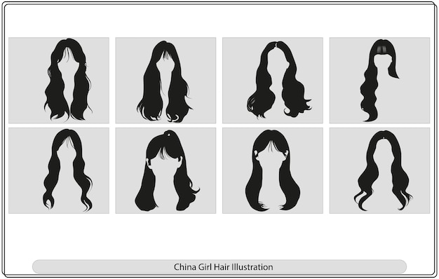 Vector set of silhouettes of a profile of girls with flying hair. vector