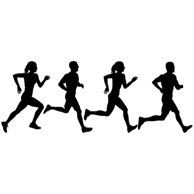 Set of silhouettes Runners on sprint men and women on white background