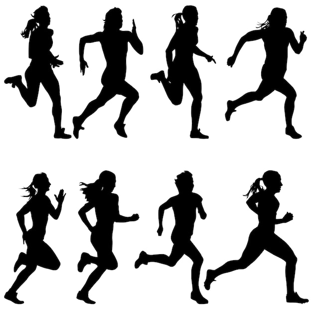 Набор силуэтов бегунов на спринтерской векторной иллюстрации женщин
