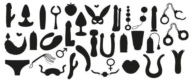 Set of silhouettes of sex toys Set of adult toys Vector illustration