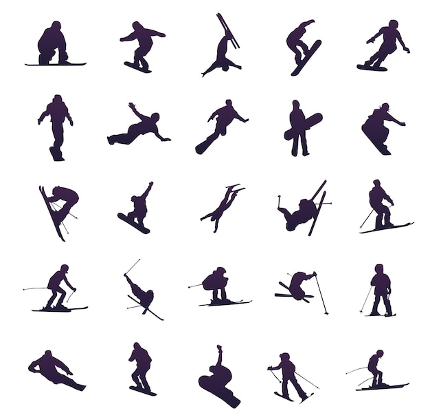 Set of silhouettes of skiers and snowboarders