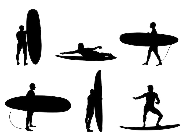 Vector set of silhouettes of surfers stand and look on wave