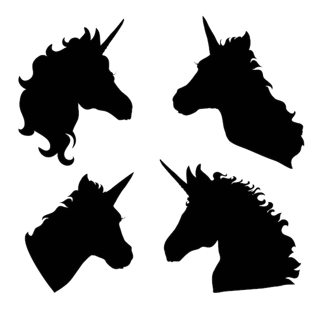 A set of silhouettes of unicorns in different poses