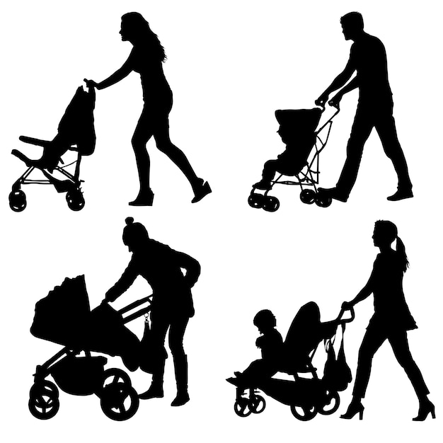 Set silhouettes walkings mothers with baby strollers