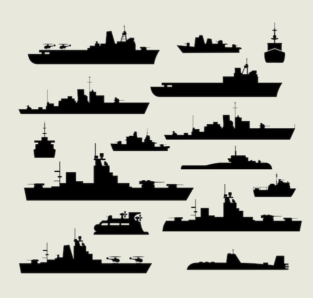 A set of silhouettes of warships for design and creativity