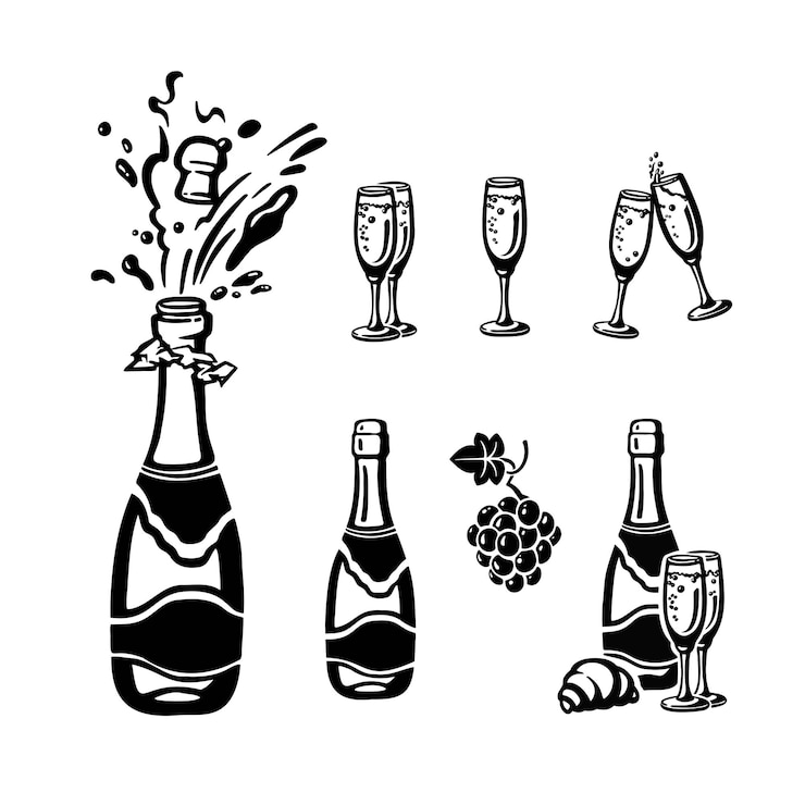 Set of silhouettes with champagne glasses of wine illustration